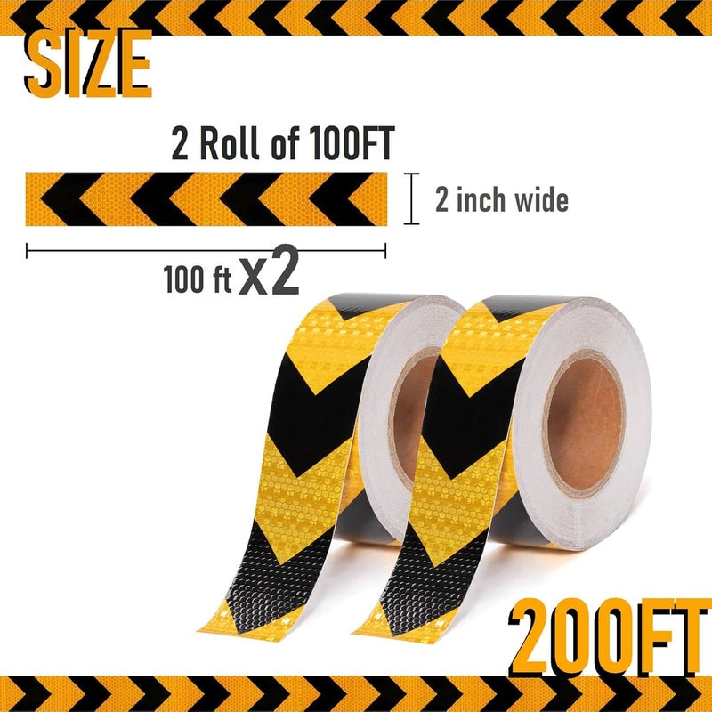 THKULKME 2 Inch X 200 Feet Black Yellow Arrow Reflective Hazard Safety Warning Caution Tape, Reflector Industrial Marking Tape for Trailers Vehicles Stairs Steps Floor Boats Outdoor Waterproof - Image 2